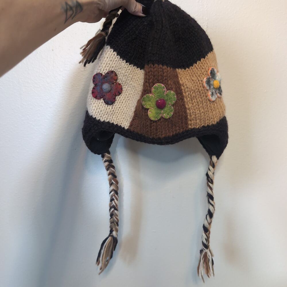 Chunky Knit Floral Earflap Beanie Hat